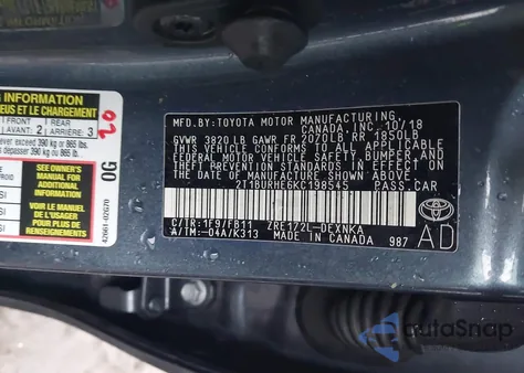 2019 Toyota Corolla Le z USA, uszkodzony, nr VIN 2T1BURHE6KC198545